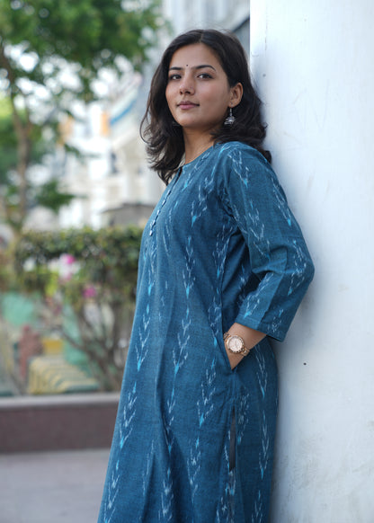 Ocean Blue Handwoven Ikat Cotton Straight Kurta for Women