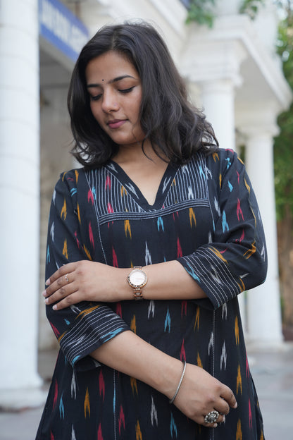 Black Handloom Ikat Cotton Kurta