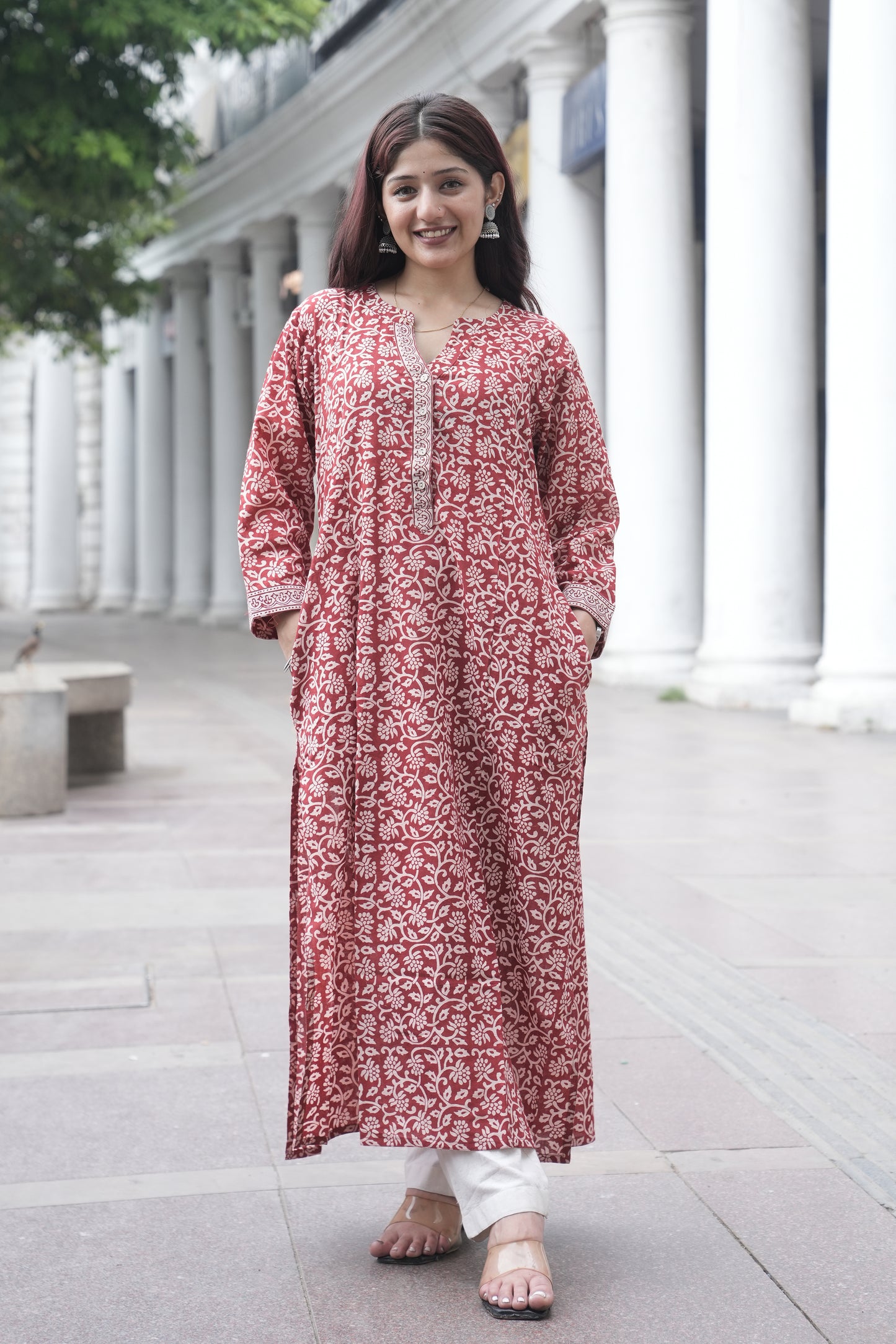 Maroon Bagh Hand Block Printed Cotton Straight Kurta for Women