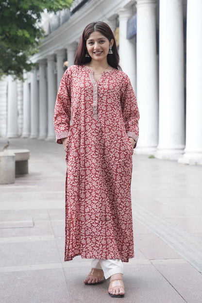 Maroon Bagh Hand Block Printed Cotton Straight Kurta for Women