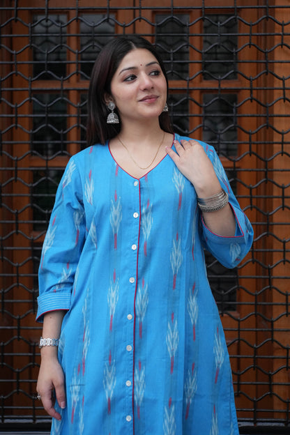 Sky Blue Handloom Ikat Front Open A-Line Kurta