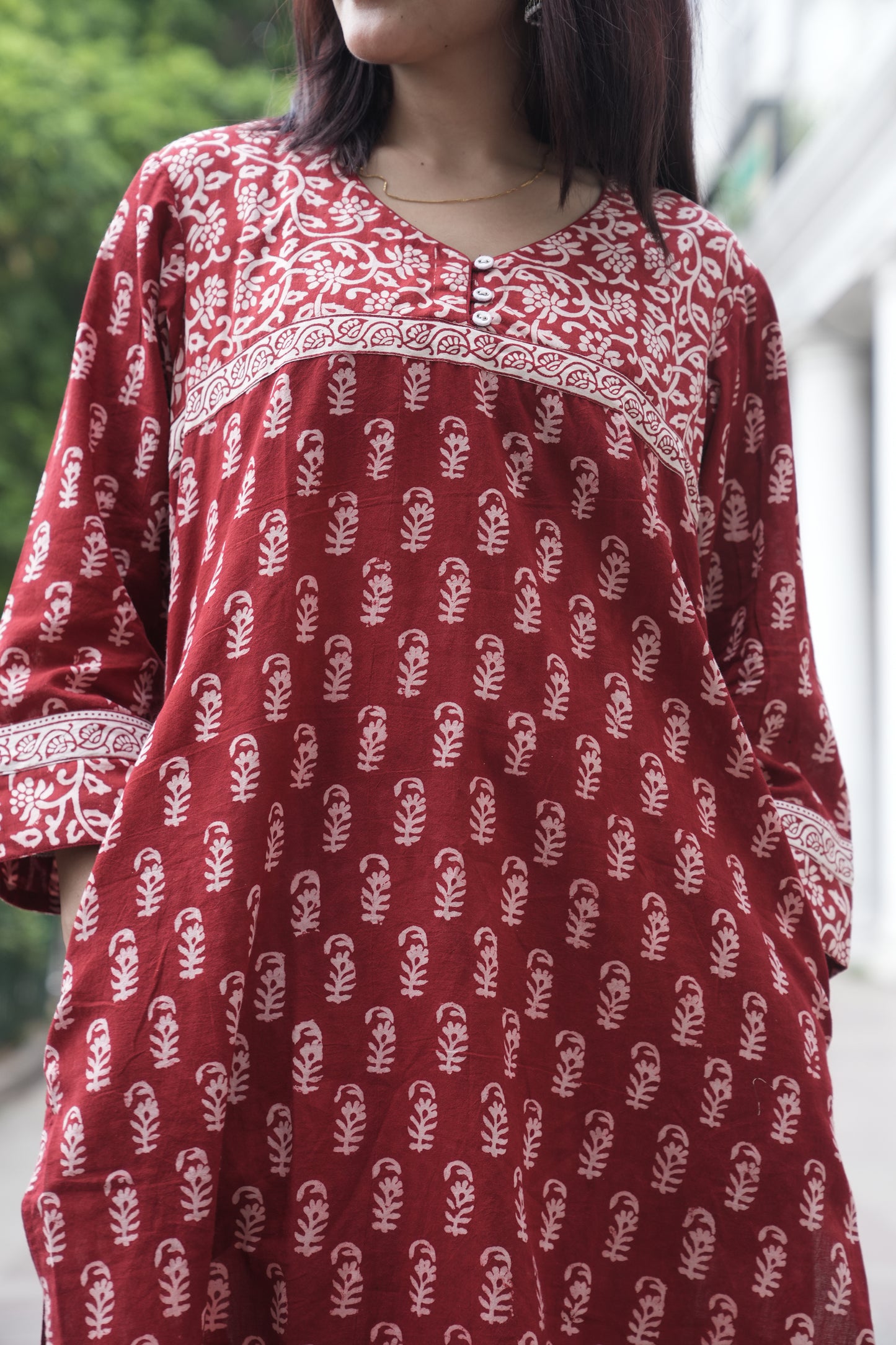 Maroon Bagh Hand Block Printed Straight Cotton Kurta for Women