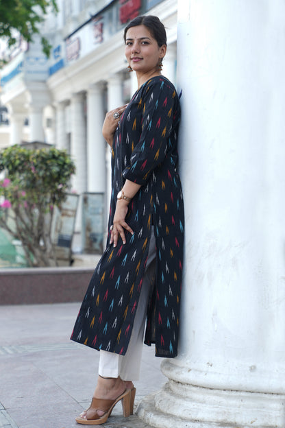 Handloom Black Ikat Straight Kurta for Women – Multicolor Woven Cotton Kurta