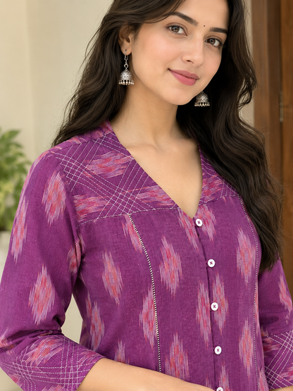 Purple Handloom Ikat Cotton Kurta with V-Neck & Contrast Stitch Detailing