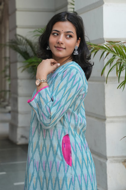 Handcrafted Pastel Ikat Long Cotton Dress