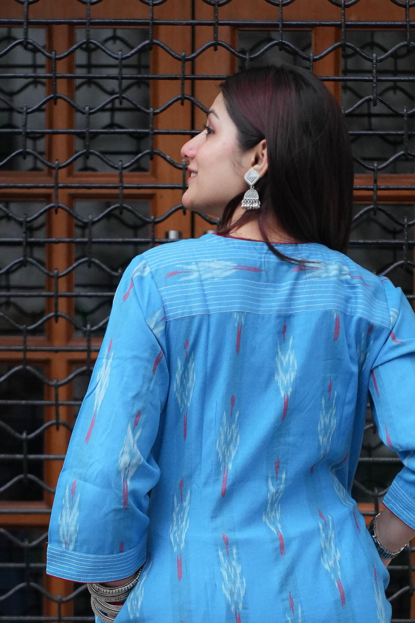 Sky Blue Handloom Ikat Front Open A-Line Kurta