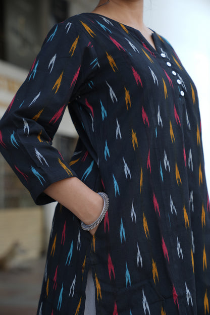 Handloom Black Ikat Straight Kurta for Women – Multicolor Woven Cotton Kurta