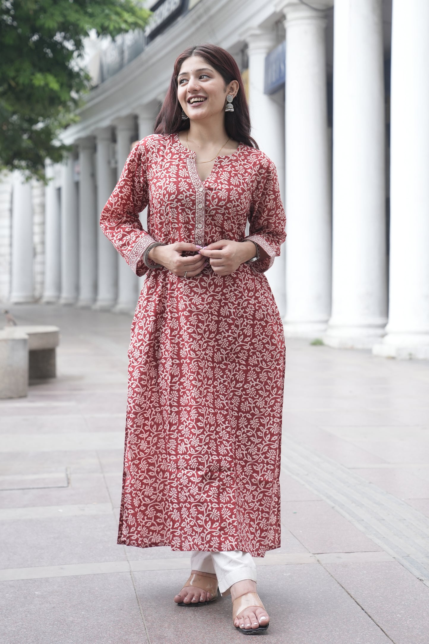 Maroon Bagh Hand Block Printed Cotton Straight Kurta for Women