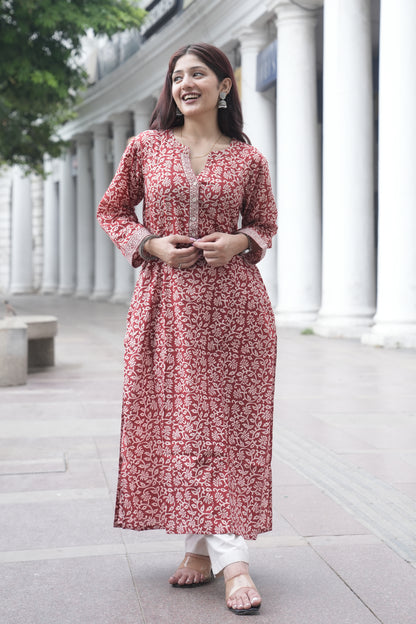 Maroon Bagh Hand Block Printed Cotton Straight Kurta for Women
