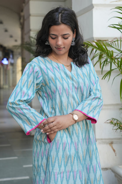 Handcrafted Pastel Ikat Long Cotton Dress