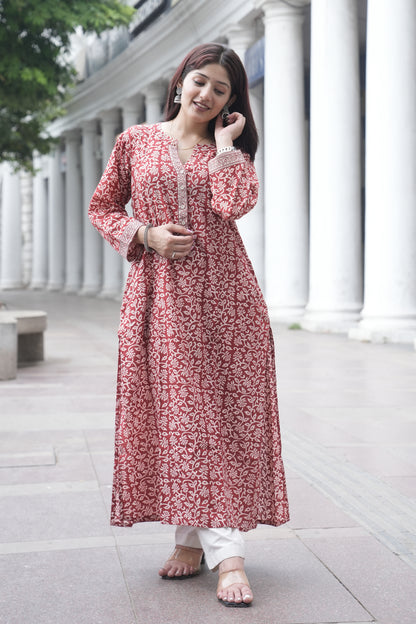 Maroon Bagh Hand Block Printed Cotton Straight Kurta for Women
