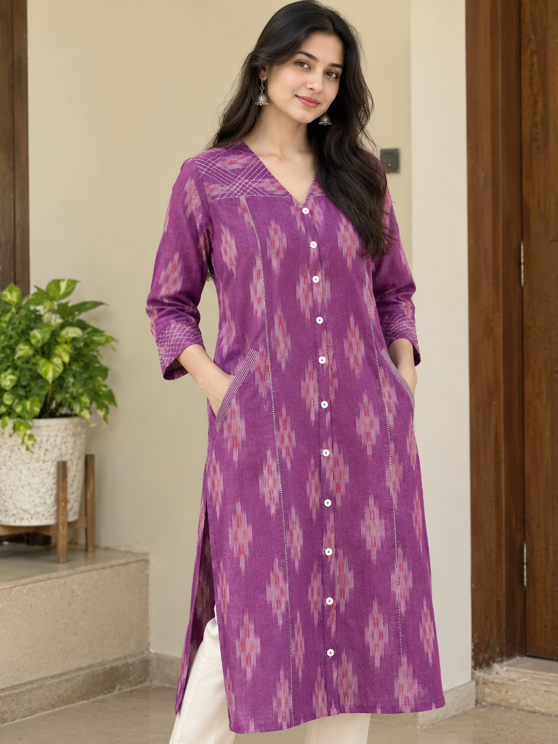 Purple Handloom Ikat Cotton Kurta with V-Neck & Contrast Stitch Detailing