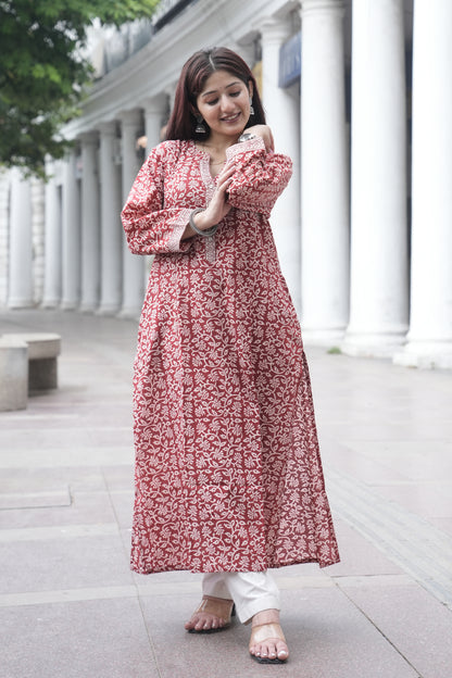 Maroon Bagh Hand Block Printed Cotton Straight Kurta for Women