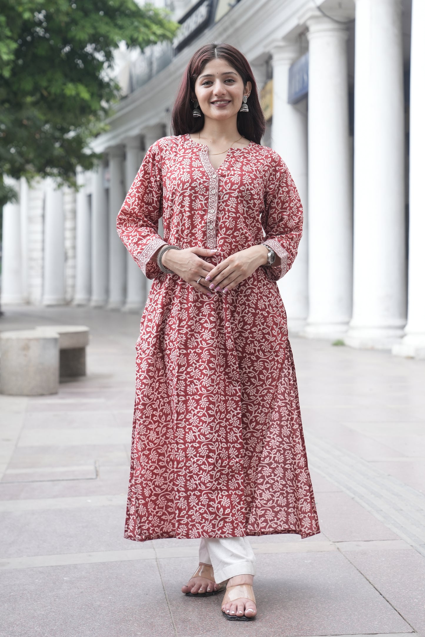 Maroon Bagh Hand Block Printed Cotton Straight Kurta for Women