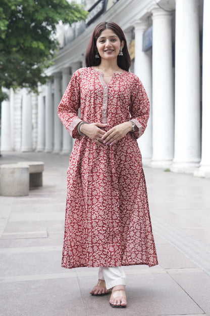 Maroon Bagh Hand Block Printed Cotton Straight Kurta for Women