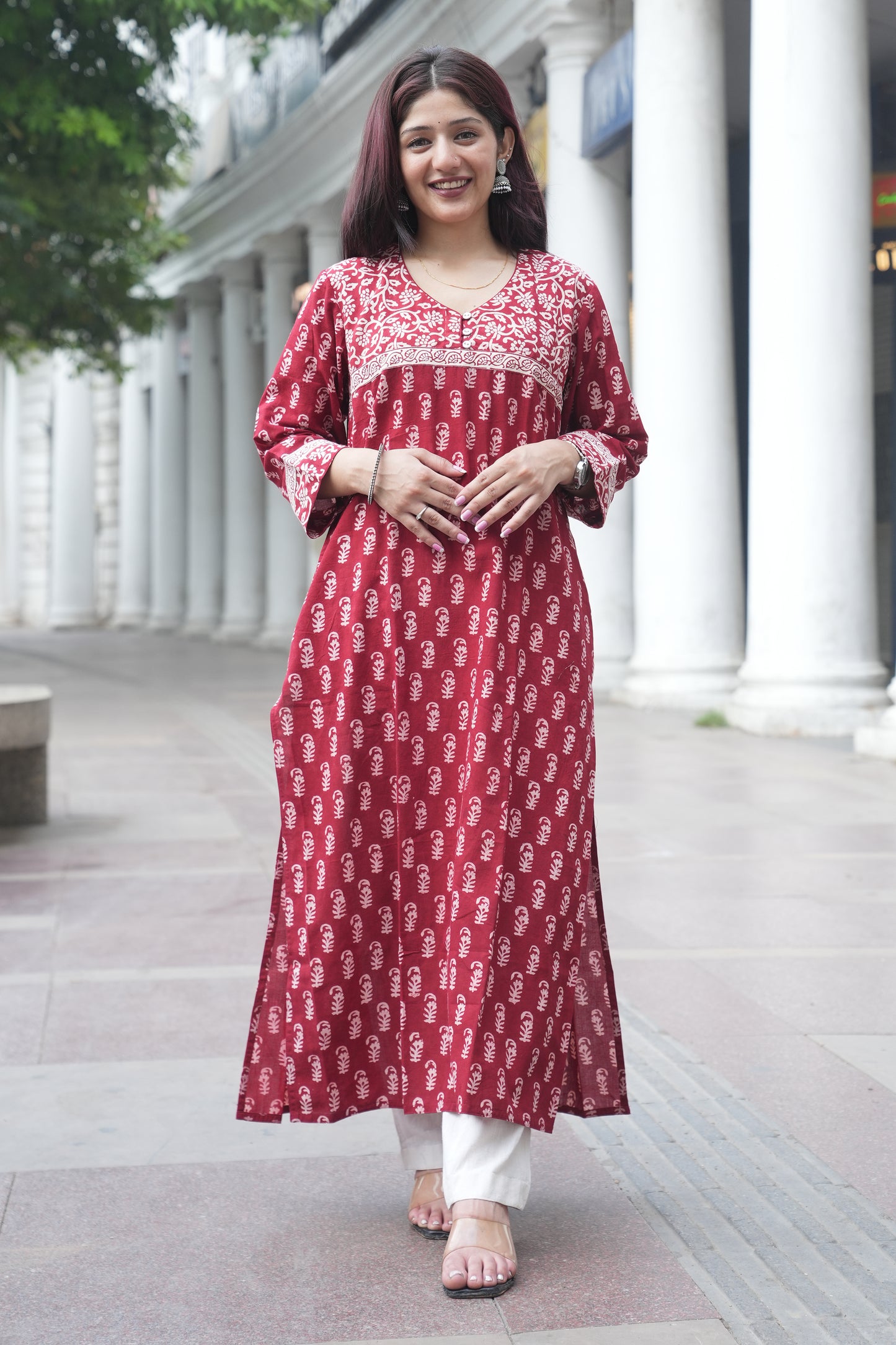 Maroon Bagh Hand Block Printed Straight Cotton Kurta for Women