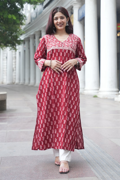 Maroon Bagh Hand Block Printed Straight Cotton Kurta for Women