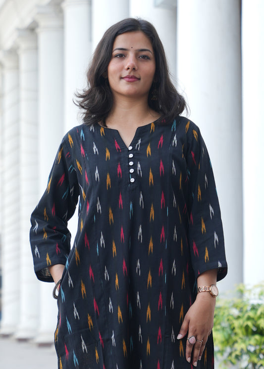 Handloom Black Ikat Straight Kurta for Women – Multicolor Woven Cotton Kurta
