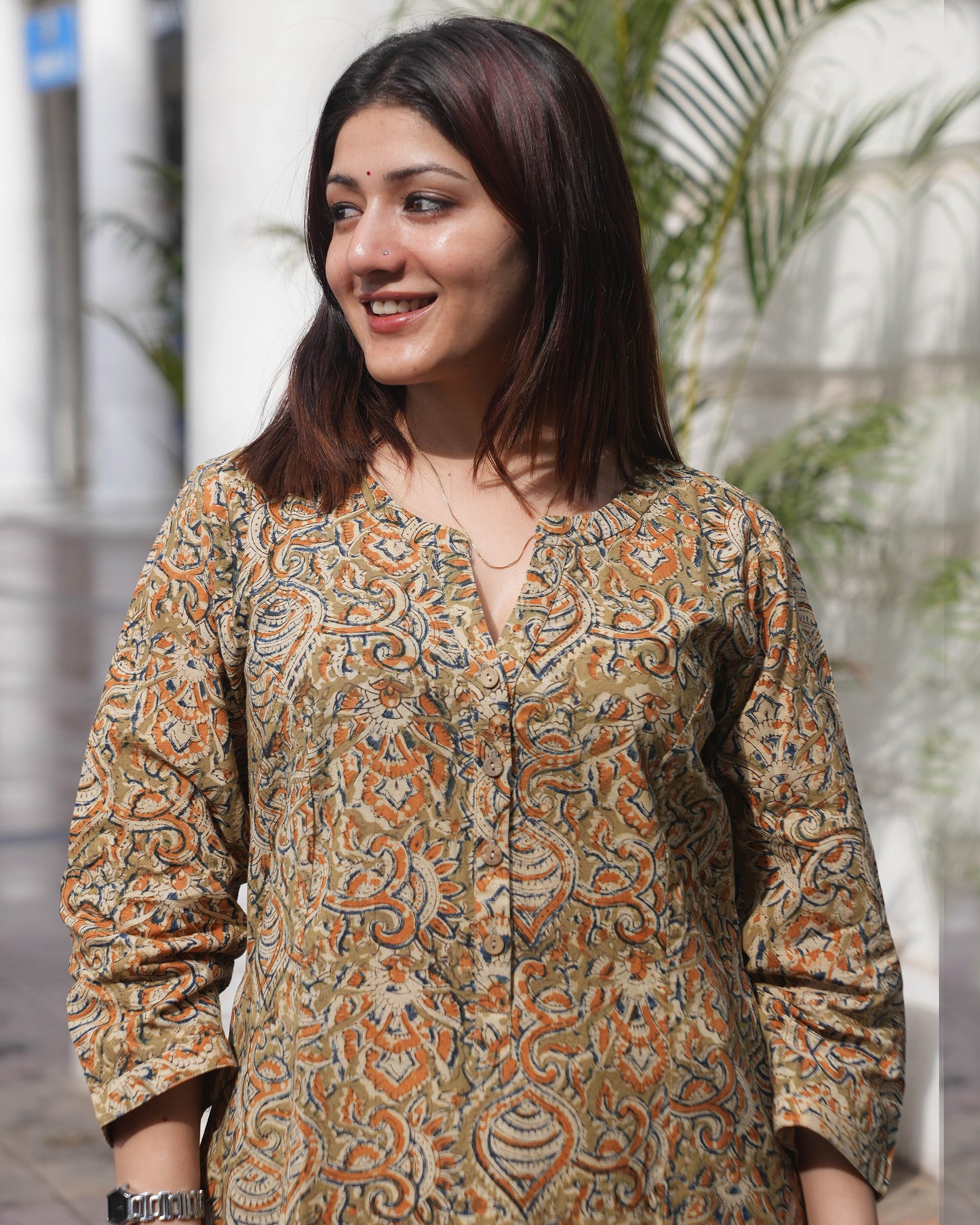 Earthy Kalamkari Handblock Cotton Kurta – A-Line Fit