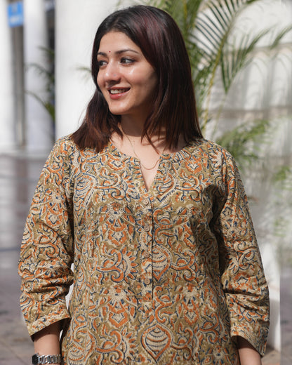 Earthy Kalamkari Handblock Cotton Kurta – A-Line Fit