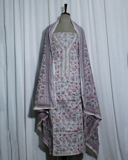 Qureshia Lace Printed cotton 3 piece suit set with mul-mul dupatta