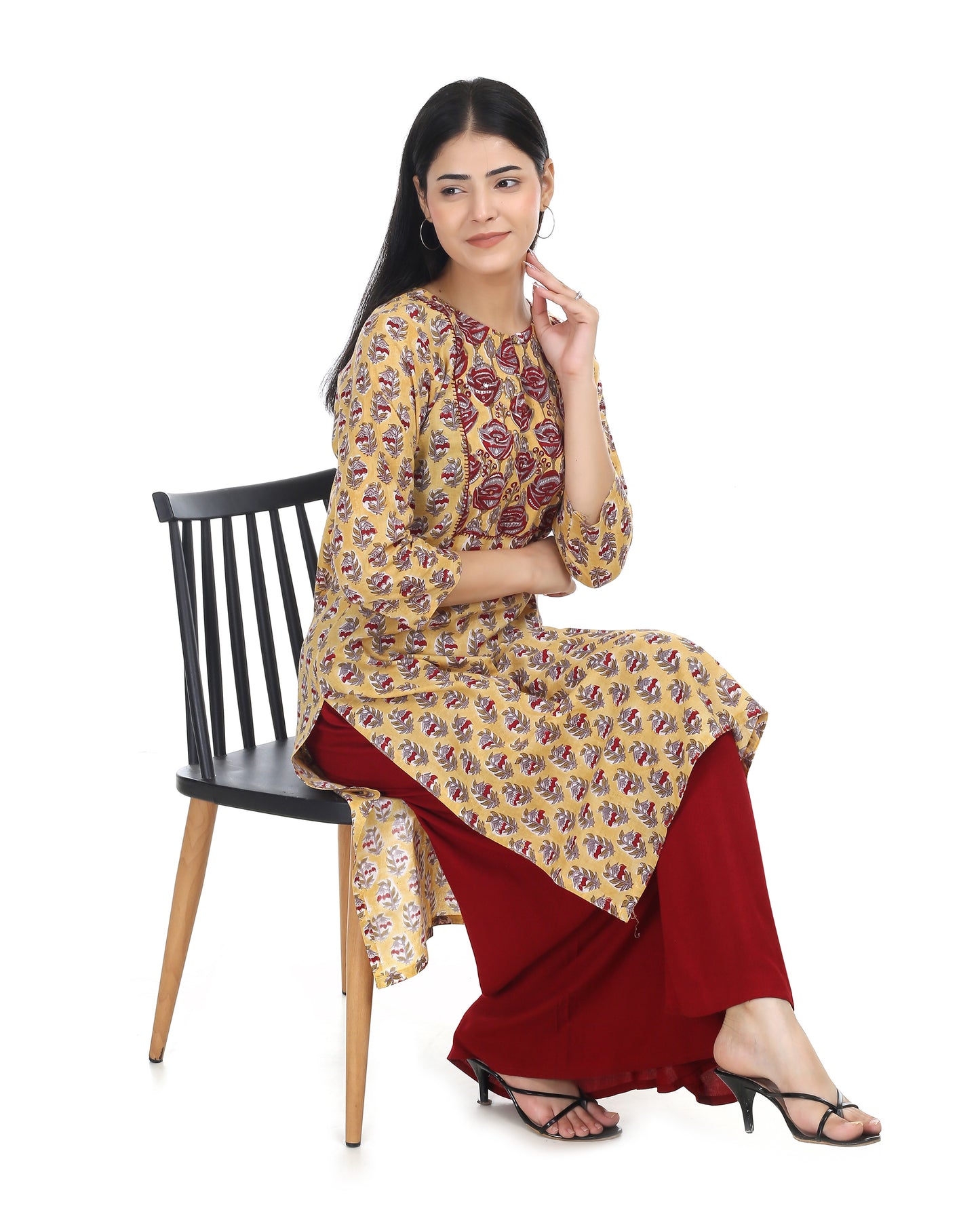 Mustard coloured  cotton handblocked straight fit cotton kurta