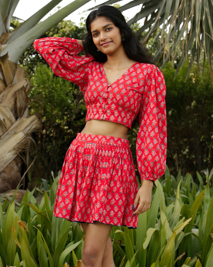 Inaya, Ajrakh Printed Cotton Skirt and Top Set