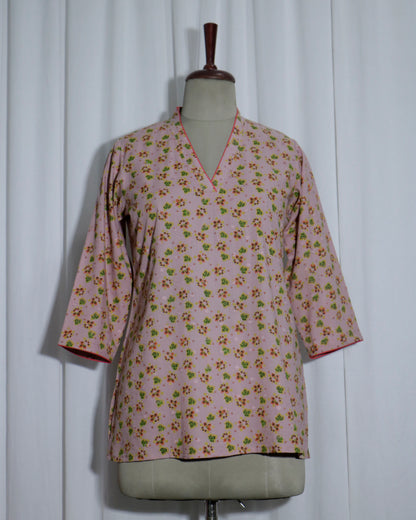 Pink Floral Handblock Printed Cotton Kurta – V Neck, 3/4 Sleeves