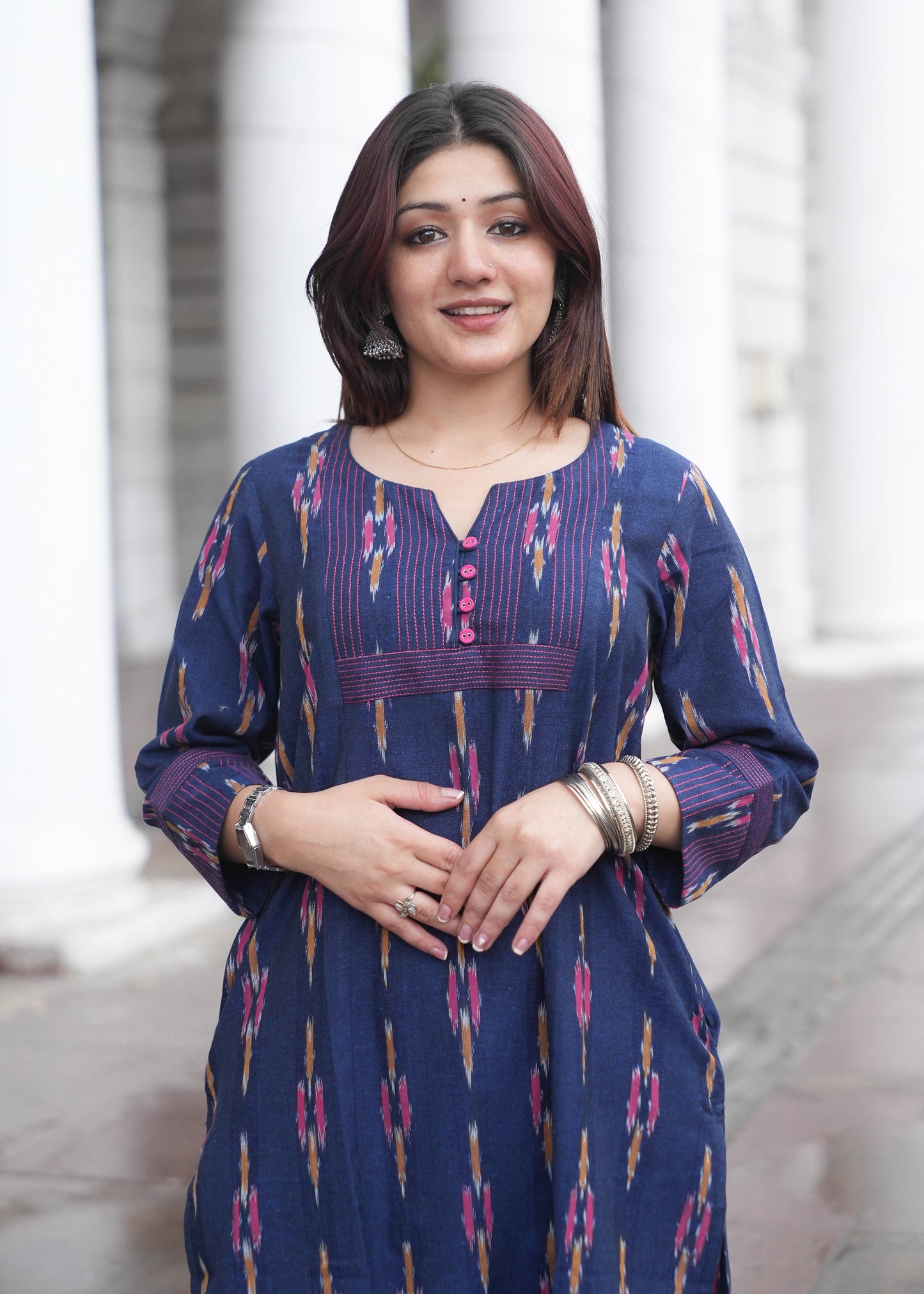 Indigo Handloom Ikat A-Line Kurta with Button Neck & Side Pockets