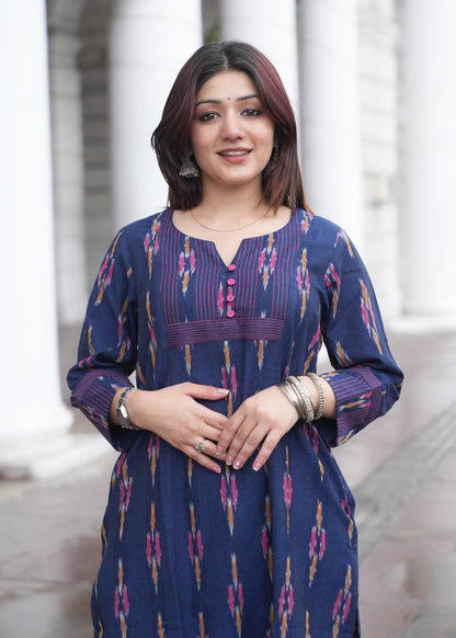 Indigo Handloom Ikat A-Line Kurta with Button Neck & Side Pockets