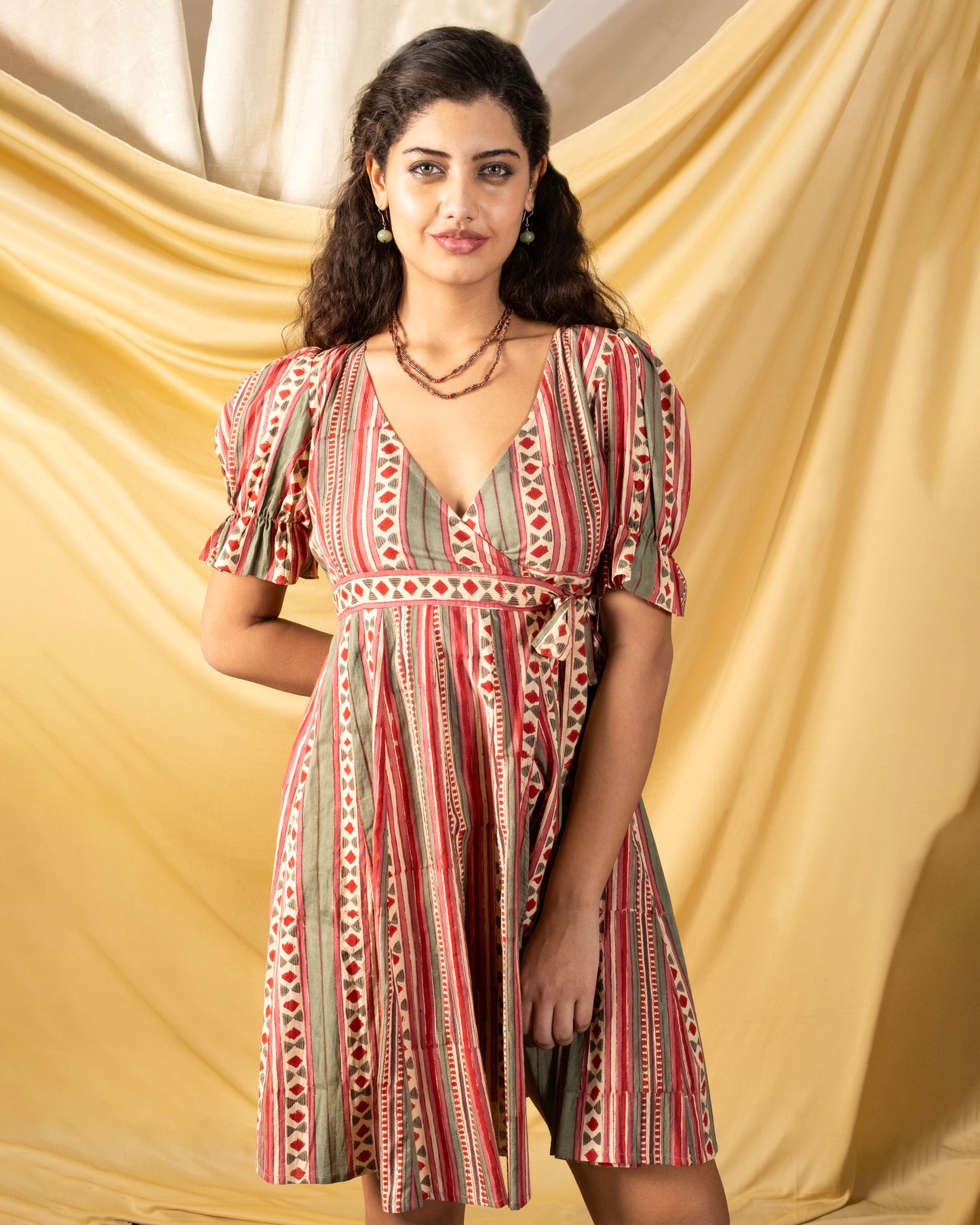 Angarkha style cotton knee length dress with puff sleeve