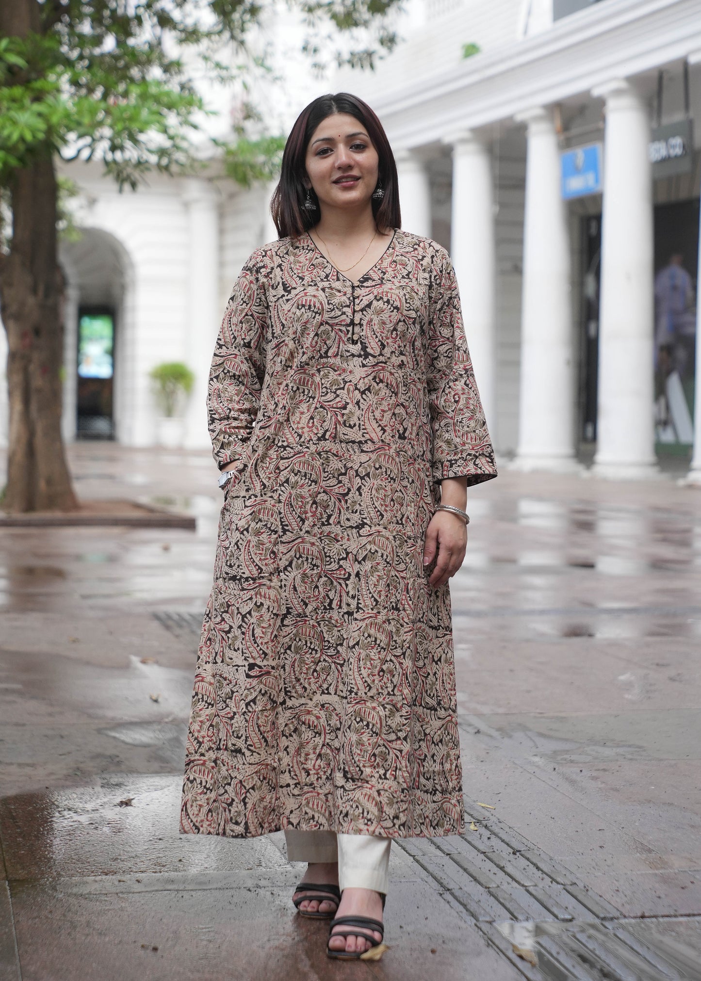Handblock Kalamkari A-Line Cotton Kurta with Potli Buttons & Black Piping