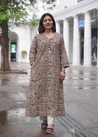 Handblock Kalamkari A-Line Cotton Kurta with Potli Buttons & Black Piping