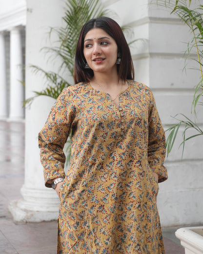 Handblock kalamkari Leaf Print Cotton Kurta  – Mustard Ethnic Everyday Wear