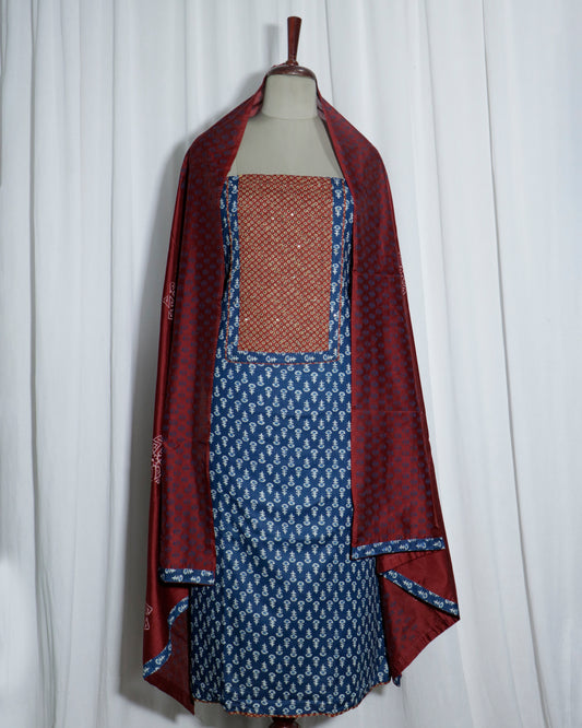 Indigo Handprinted 3 piece suit set with silk dupatta