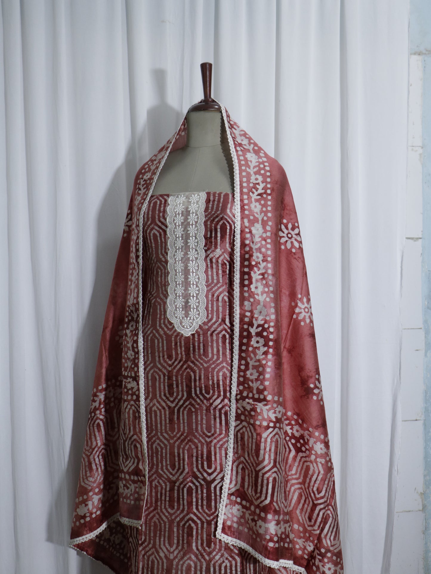 Batik Handprinted Brick colour 3 piece Silk suit set