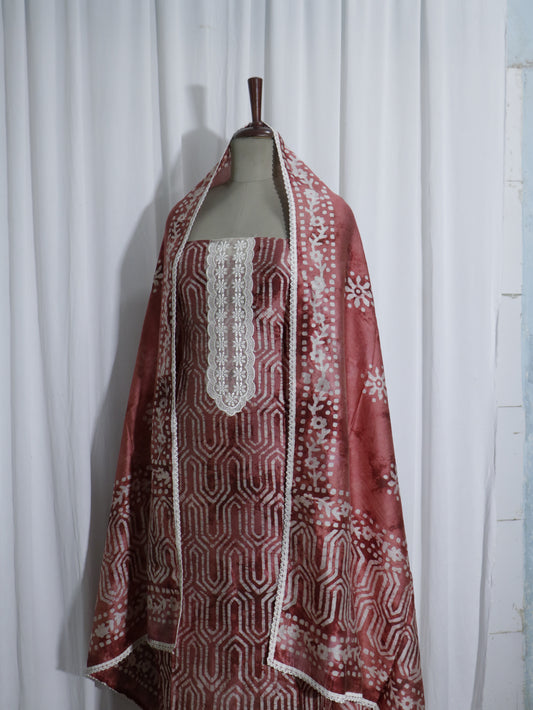 Batik Handprinted Brick colour 3 piece Silk suit set