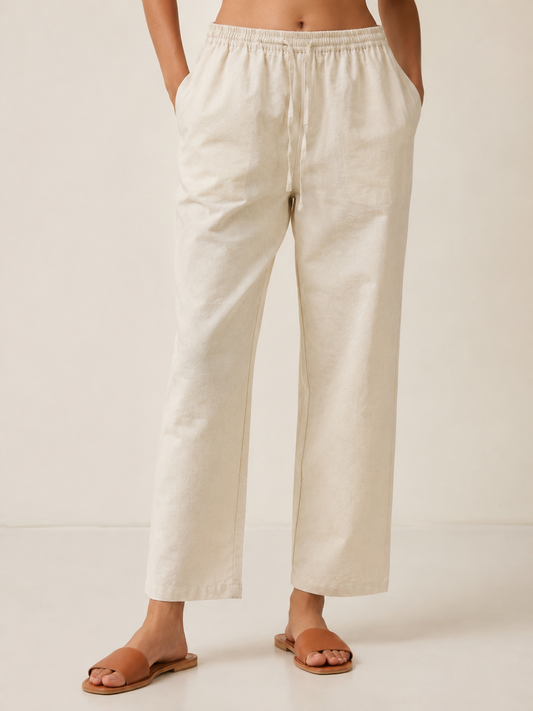 Ivory Cotton Linen Straight Fit Pants with Elastic Waist & Pockets