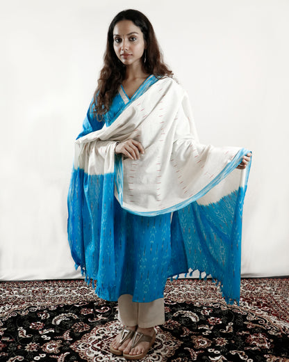 Sky Whisper Ikat Suit Set – Sky blue kurta with cream pant & shaded dupatta (cream-sky)