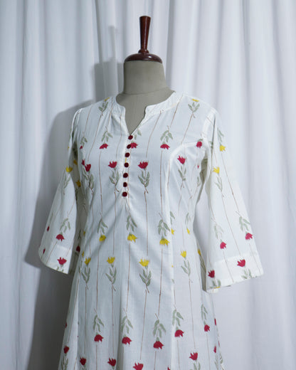 White Jaipuri Handprinted Cotton Dress with Rose Print & Potli Button Detailing
