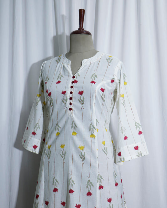 White Jaipuri Handprinted Cotton Dress with Rose Print & Potli Button Detailing