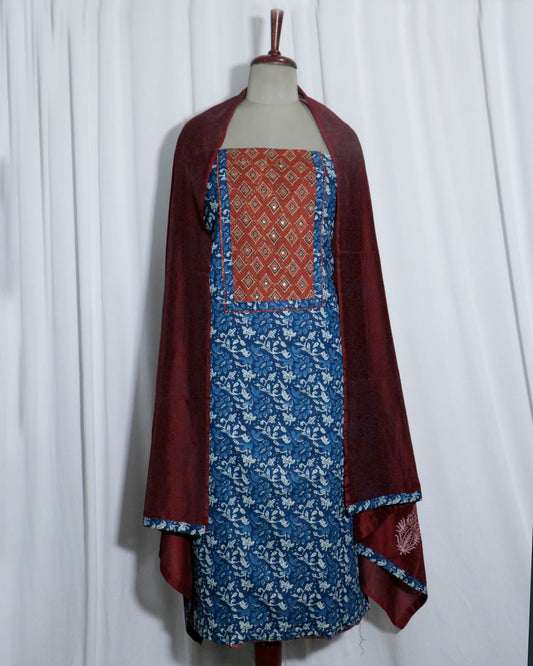 Indigo Handprinted printed cotton Unstitched 3 Piece Suit Set