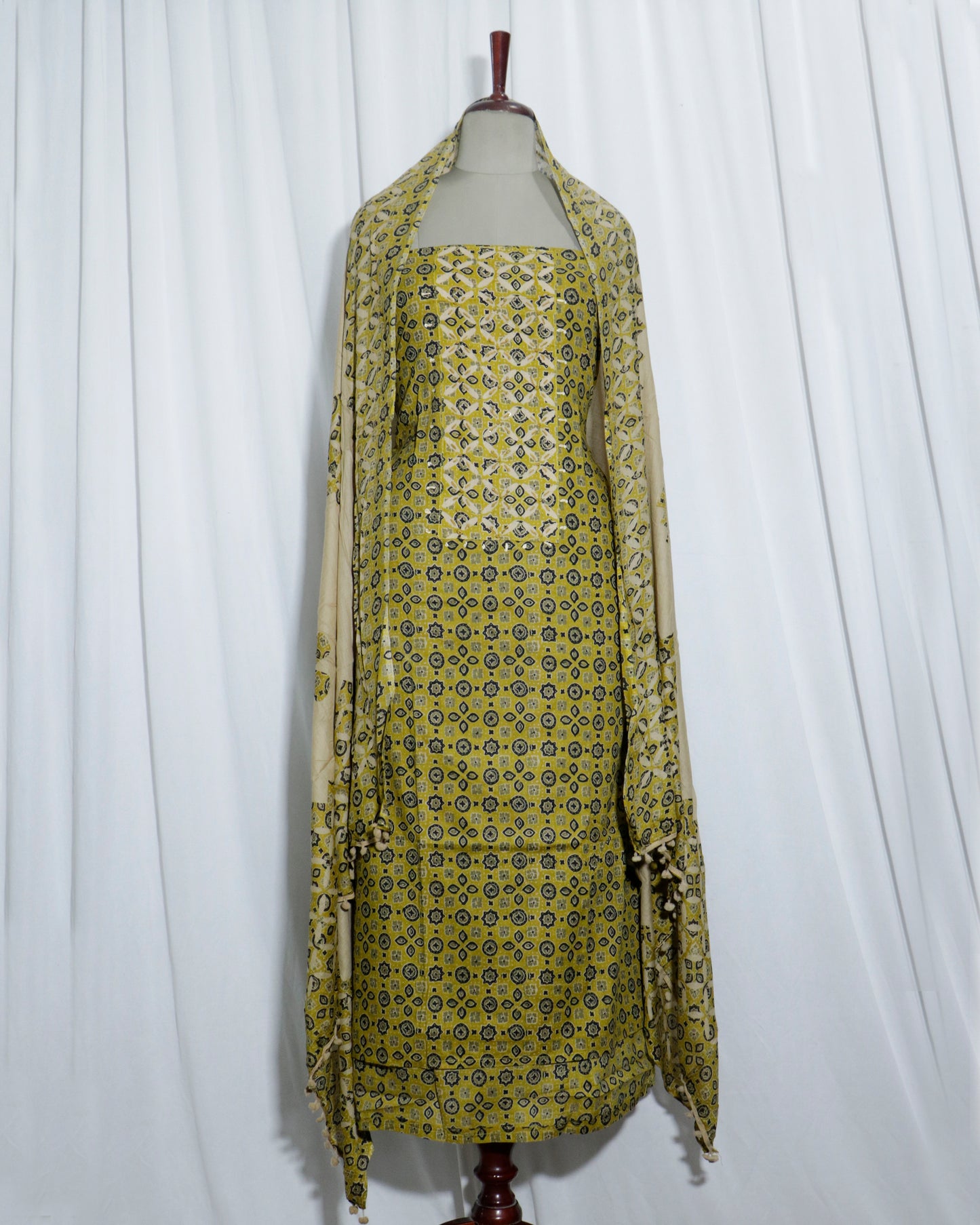 Ajrakh applique Printed Mustered Cotton 3 Piece Suit Set with mul-mul dupatta