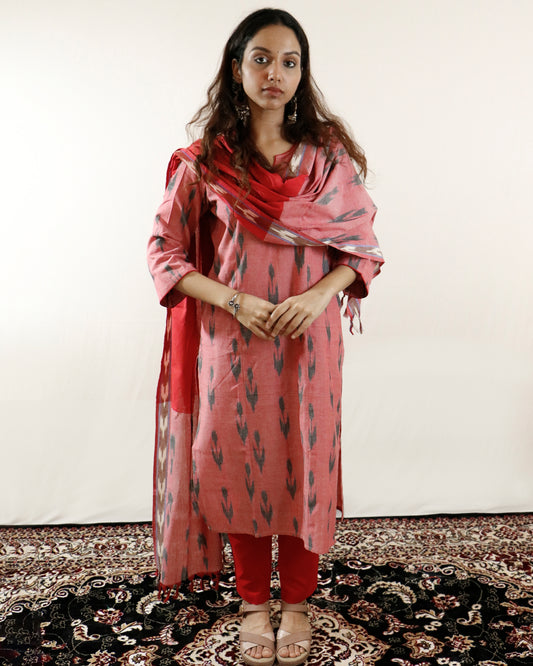 Brick Blossom Ikat Suit Set – Brick kurta with red pant & shaded dupatta (brick-red)