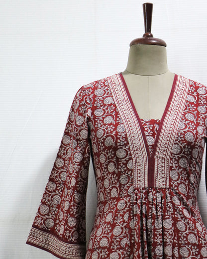 Maroon- Bagh handprinted dress with bell sleeves & pocket both side