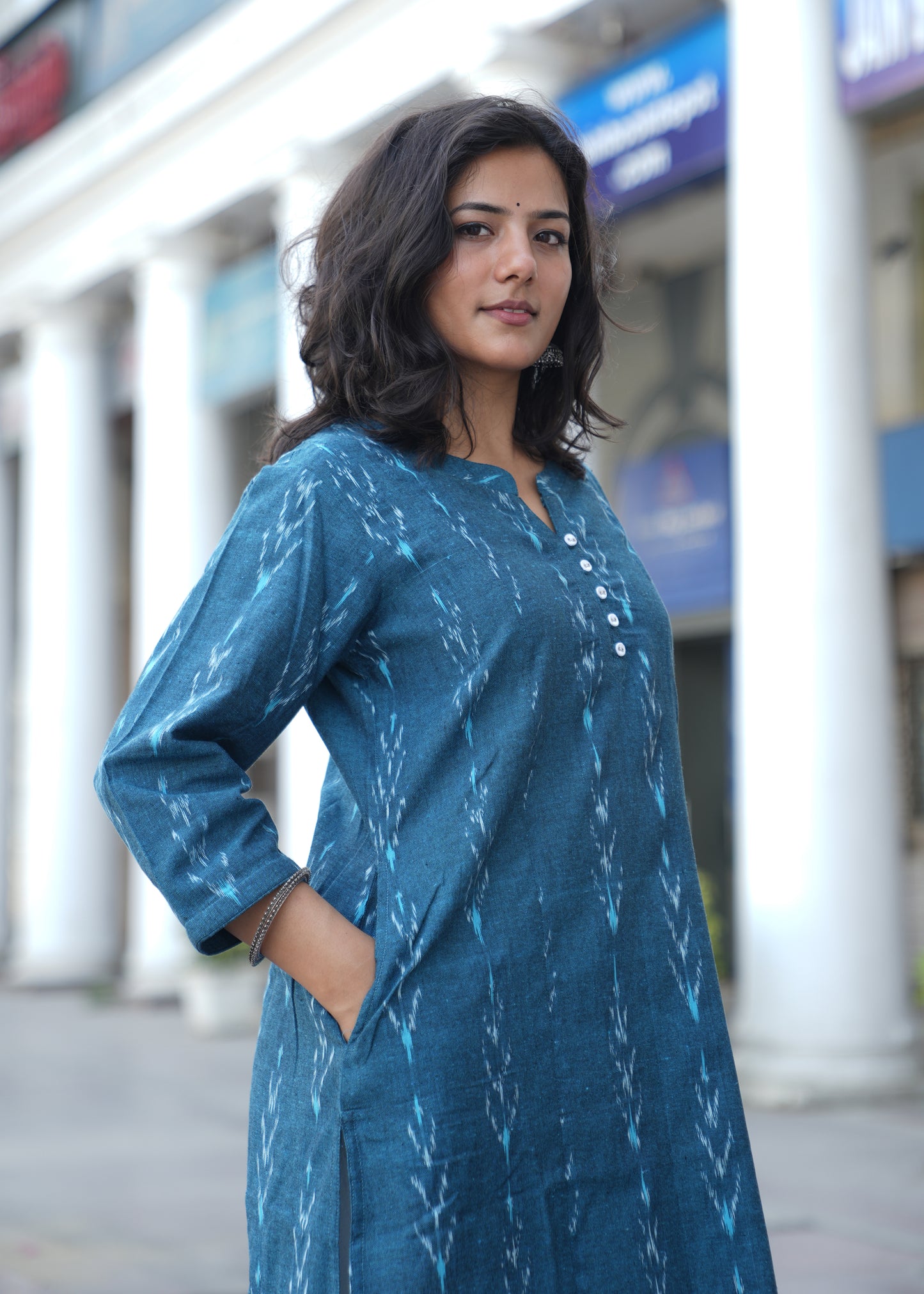 Ocean Blue Handwoven Ikat Cotton Straight Kurta for Women