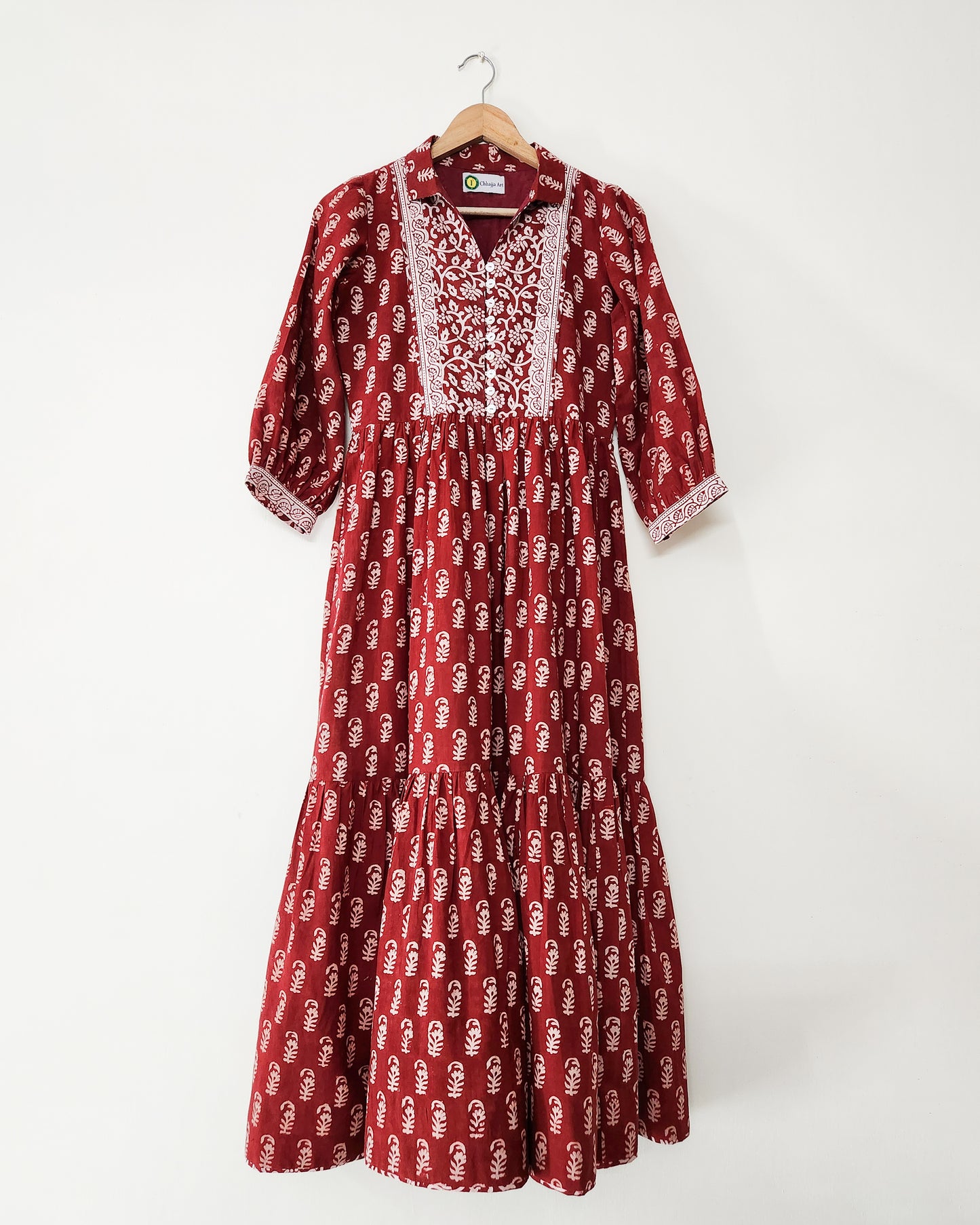 Gulbagh, rust-coloured layer dress made entirely of cotton Bagh print fabric