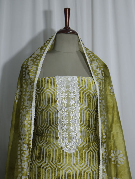 Batik Handprinted Green colour 3 piece Silk suit set