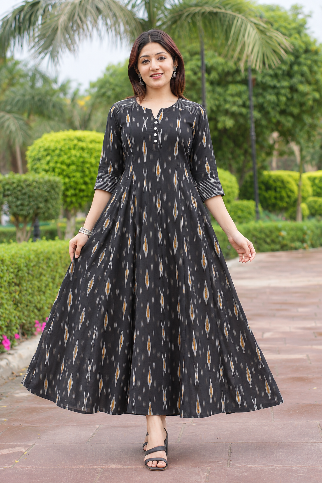 Black Handloom Ikat Flared Cotton Dress