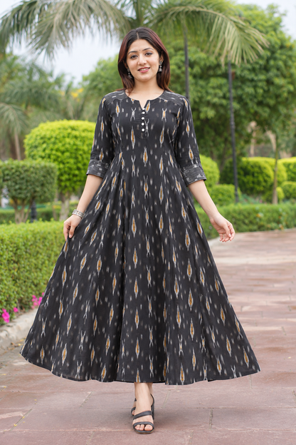 Black Handloom Ikat Flared Cotton Dress